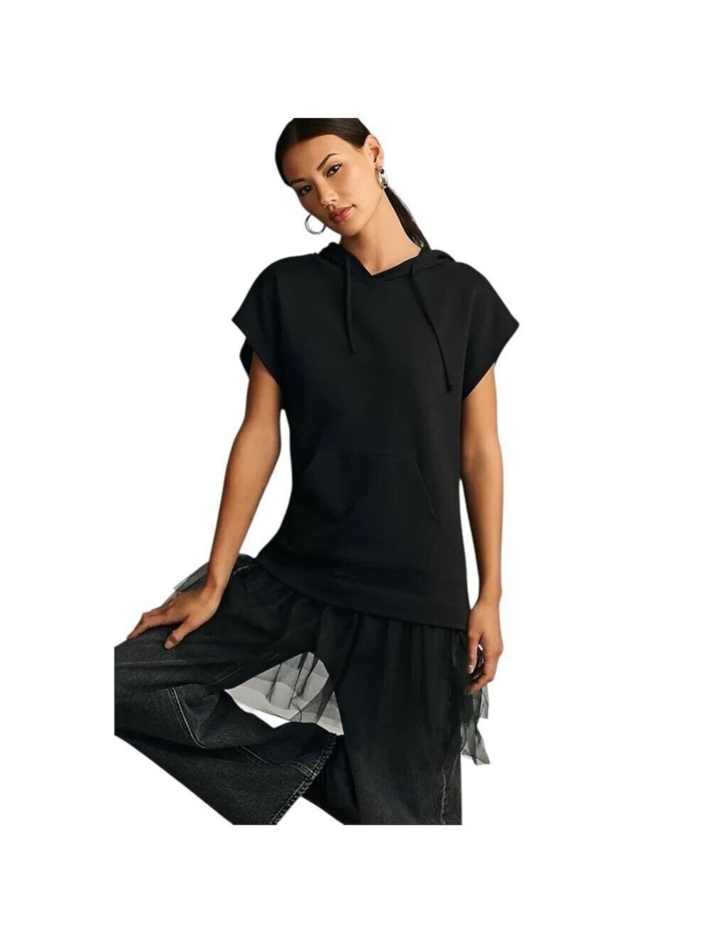 Pilcro Tulle Short-Sleeve Sweatshirt Black Size Large Anthropologie